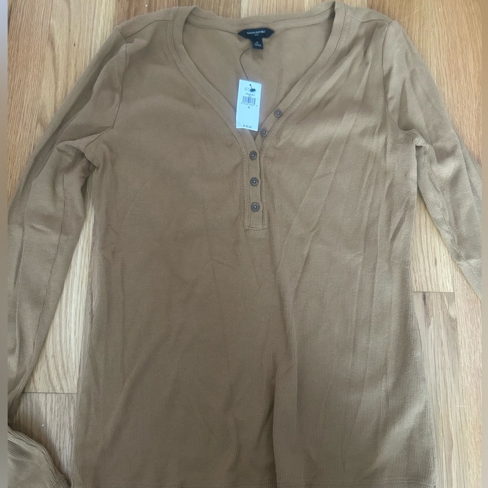 Banana Republic Camel V-Neck Button Top